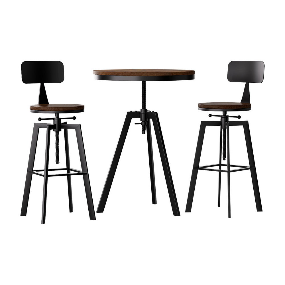 Zane Industrial Adjustable Bar Table and Stools Set w/Backrest Elm Wood (3 Piece) - Barstool Express