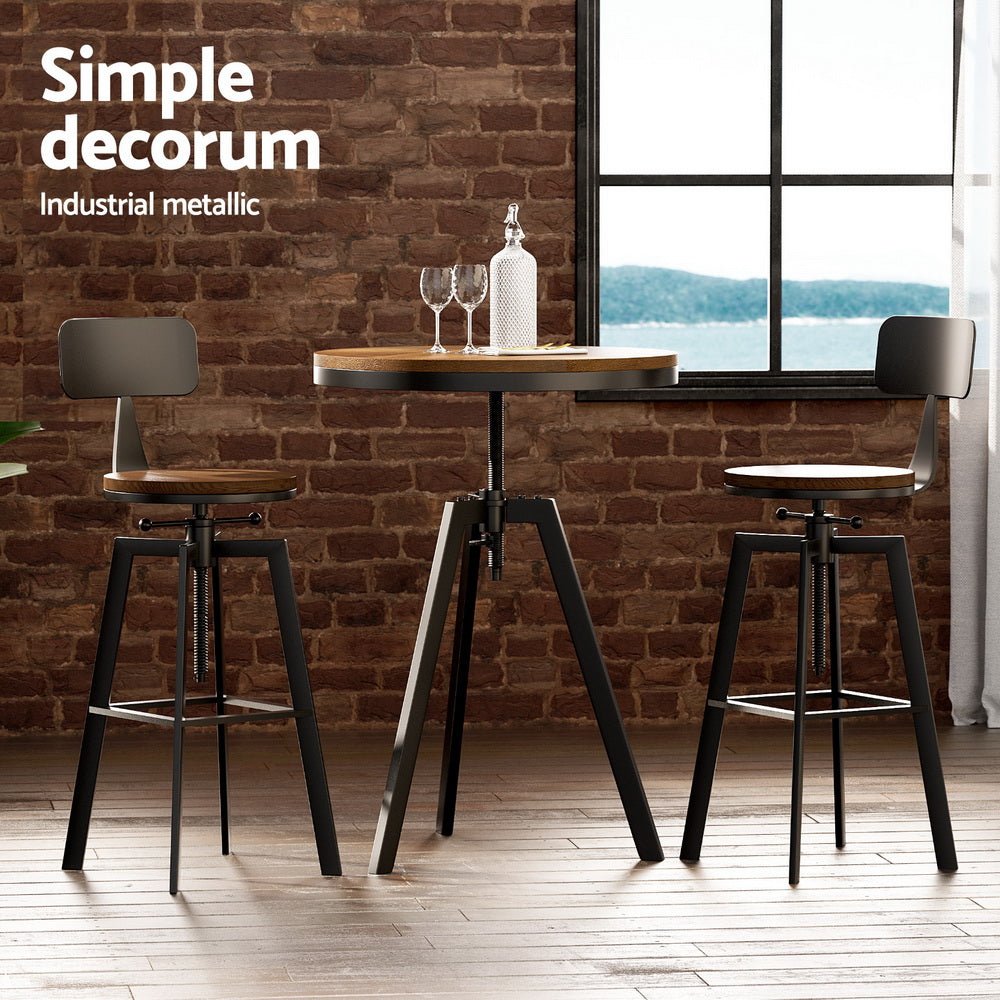 Zane Industrial Adjustable Bar Table and Stools Set w/Backrest Elm Wood (3 Piece) - Barstool Express