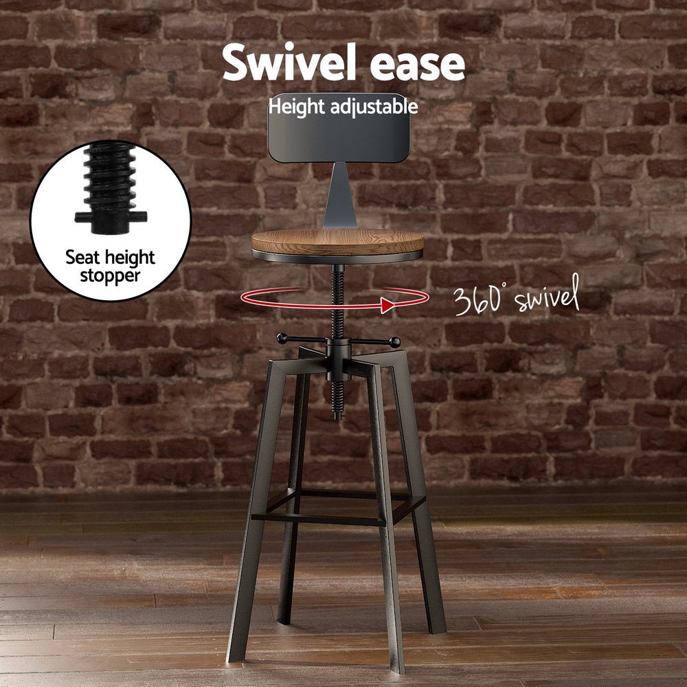 Zane Industrial Adjustable Bar Table and Stools Set w/Backrest Elm Wood (3 Piece) - Barstool Express