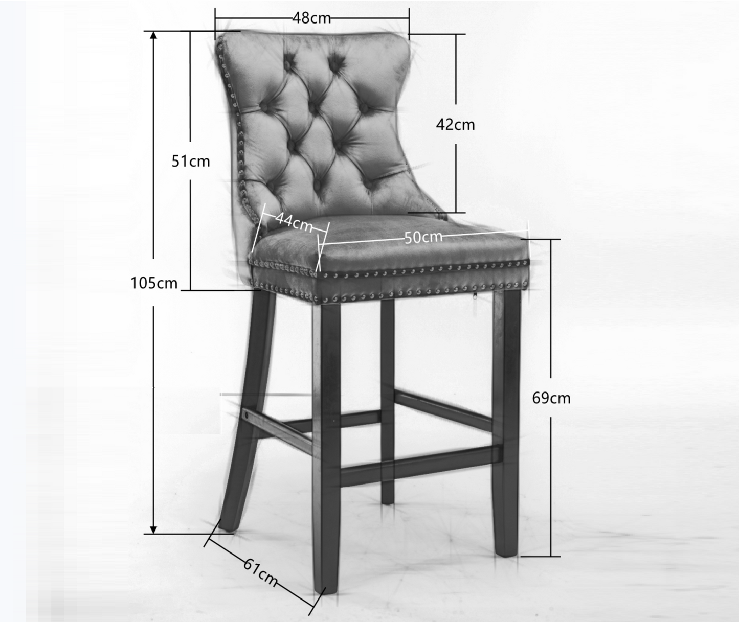 2X Velvet Bar Stools with Studs Trim Wooden Legs Tufted Dining Chairs Kitchen.