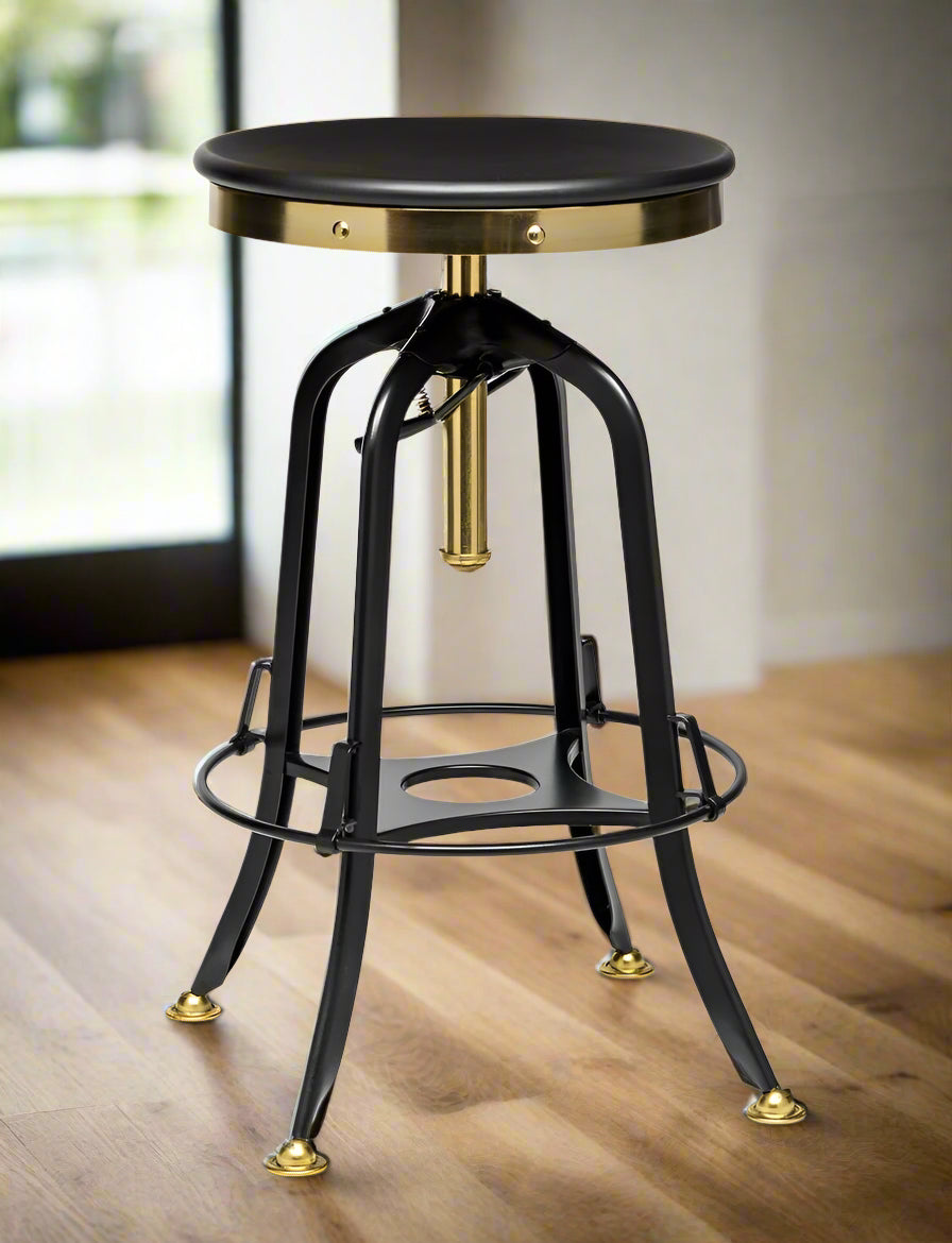 Industrial Wooden Height Adjustable Swivel Bar Stool - Gold Black.