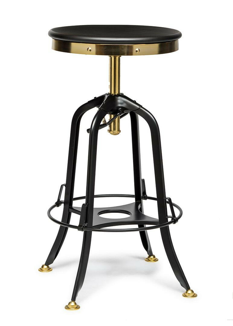 Industrial Wooden Height Adjustable Swivel Bar Stool - Gold Black.