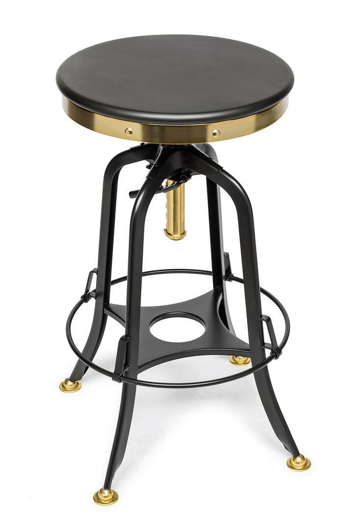 Industrial Wooden Height Adjustable Swivel Bar Stool - Gold Black.