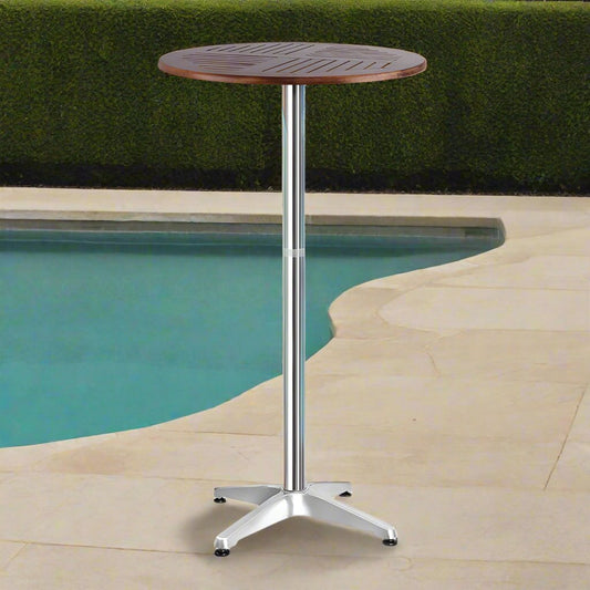 Aluminium Adjustable Round Bar Table – Wood Finish - Barstool Express