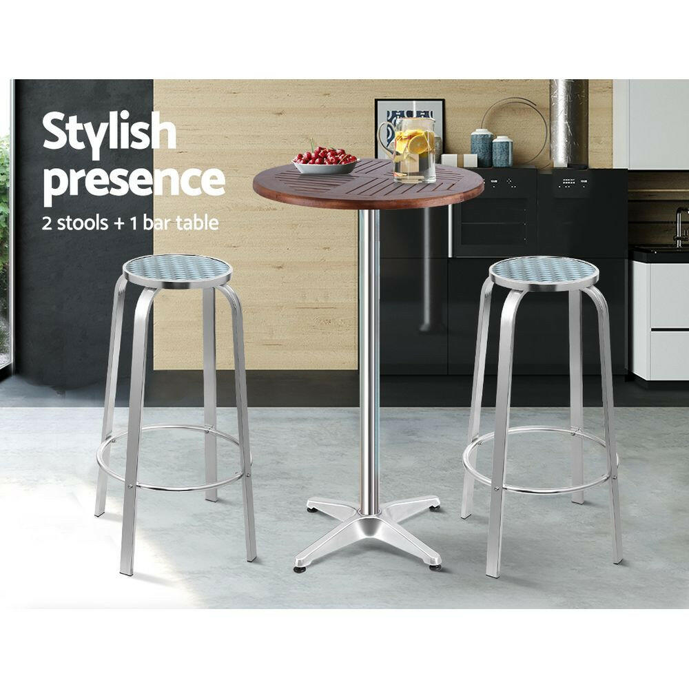 Aluminium Bistro Bar Set – Round Table with Wood Finish (3 Piece) - Barstool Express