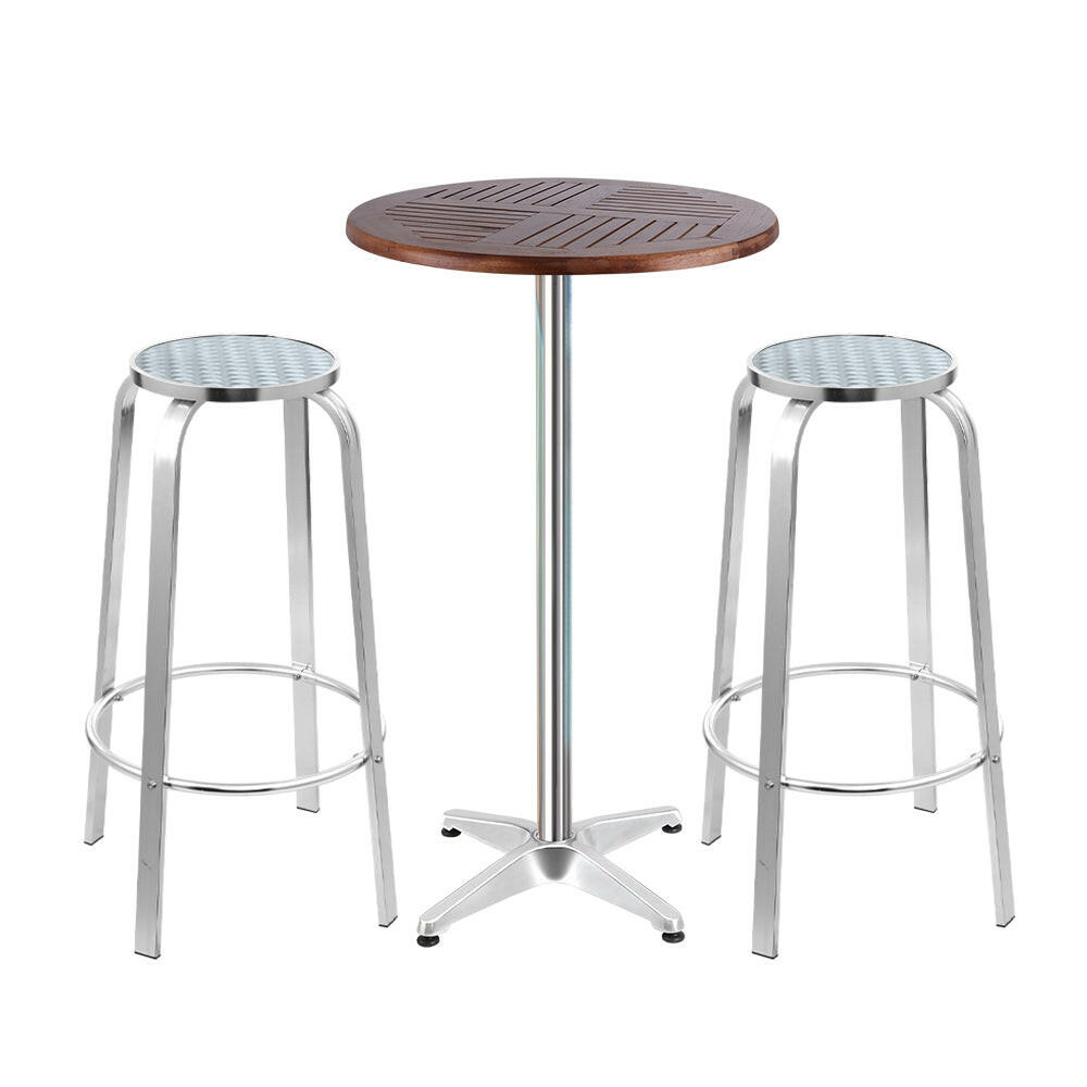 Aluminium Bistro Bar Set – Round Table with Wood Finish (3 Piece) - Barstool Express