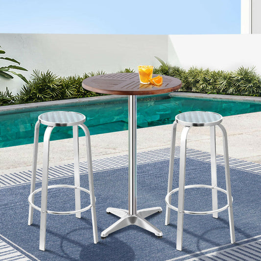 Aluminium Bistro Bar Set – Round Table with Wood Finish (3 Piece) - Barstool Express