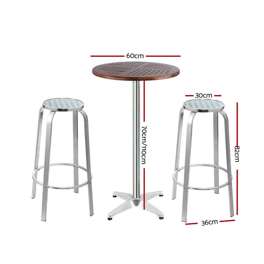 Aluminium Bistro Bar Set – Round Table with Wood Finish (3 Piece) - Barstool Express