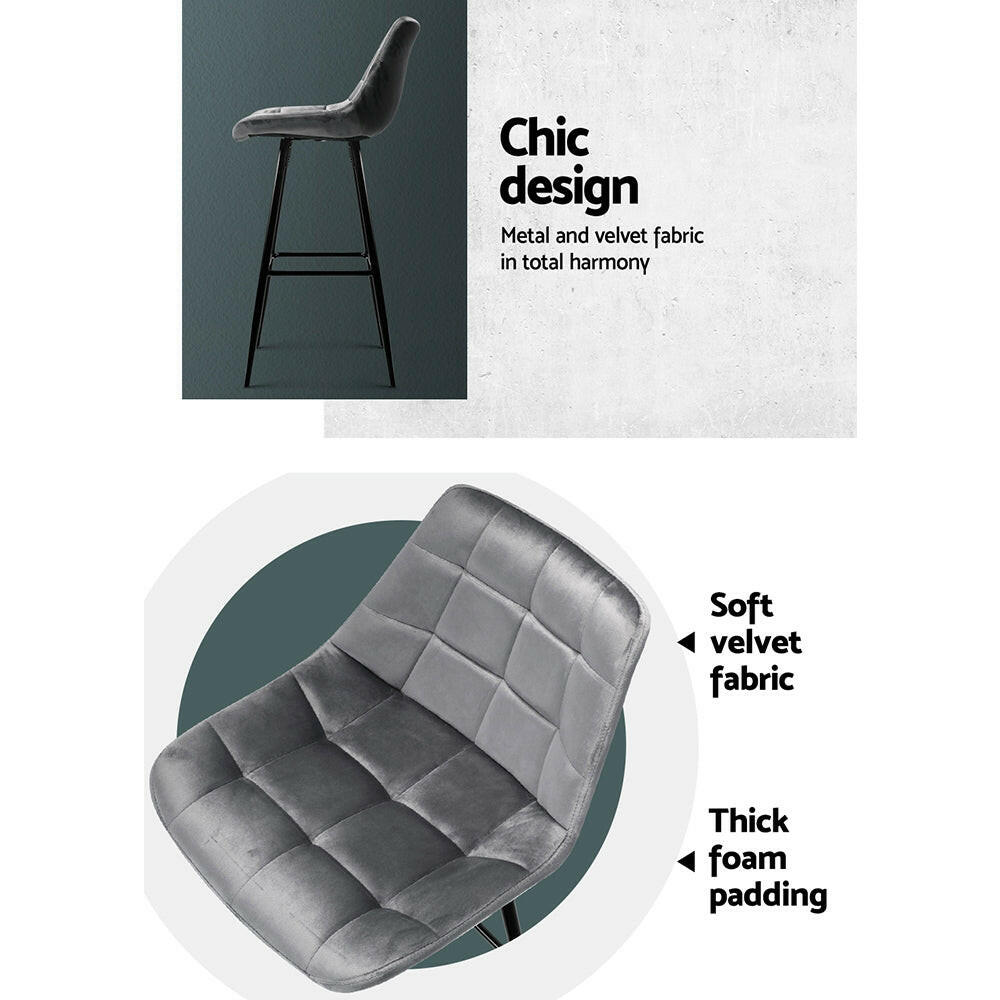Milla Velvet Bar Stools 76cm Grey (Set of 2) - Barstool Express