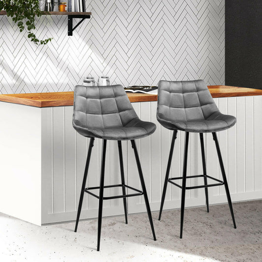 Milla Velvet Bar Stools 76cm Grey (Set of 2) - Barstool Express