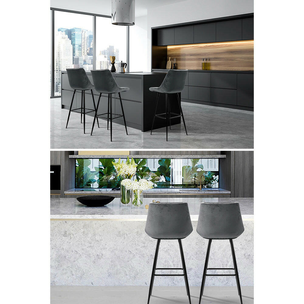 Milla Velvet Bar Stools 76cm Grey (Set of 2) - Barstool Express