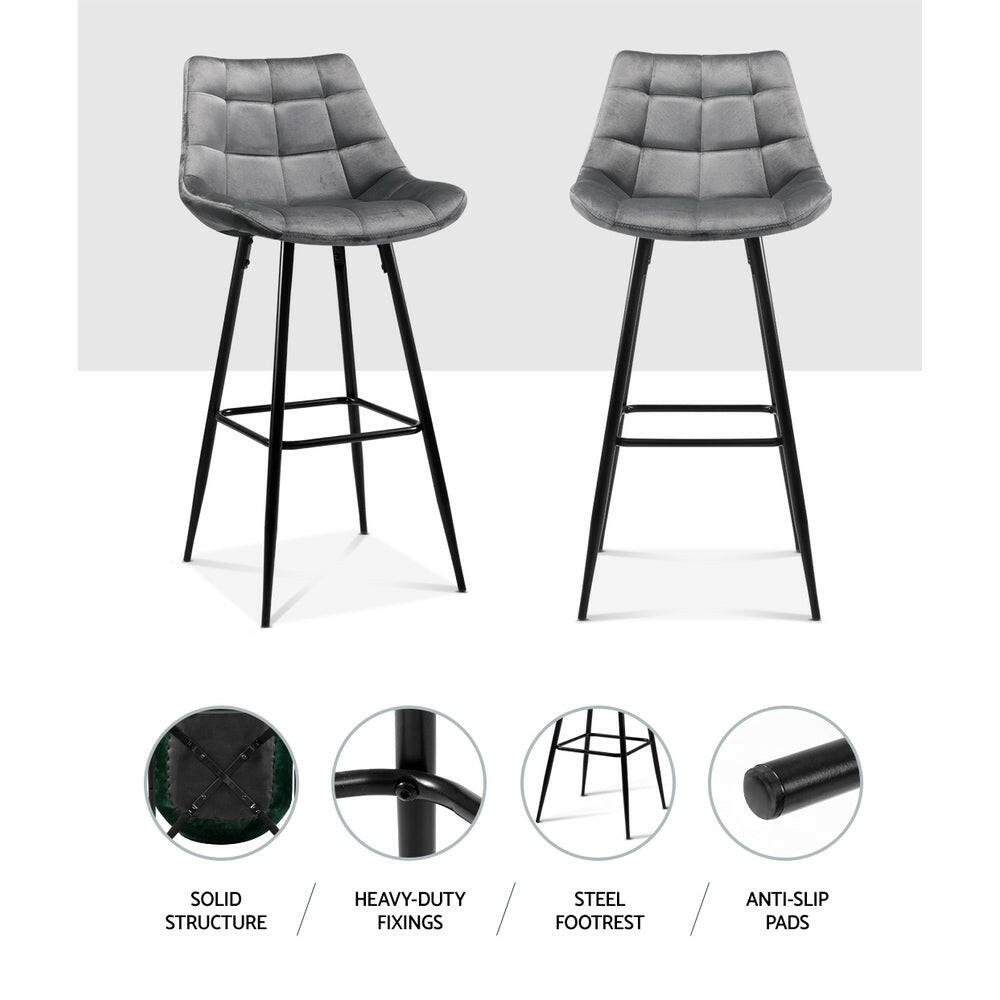 Milla Velvet Bar Stools 76cm Grey (Set of 2) - Barstool Express
