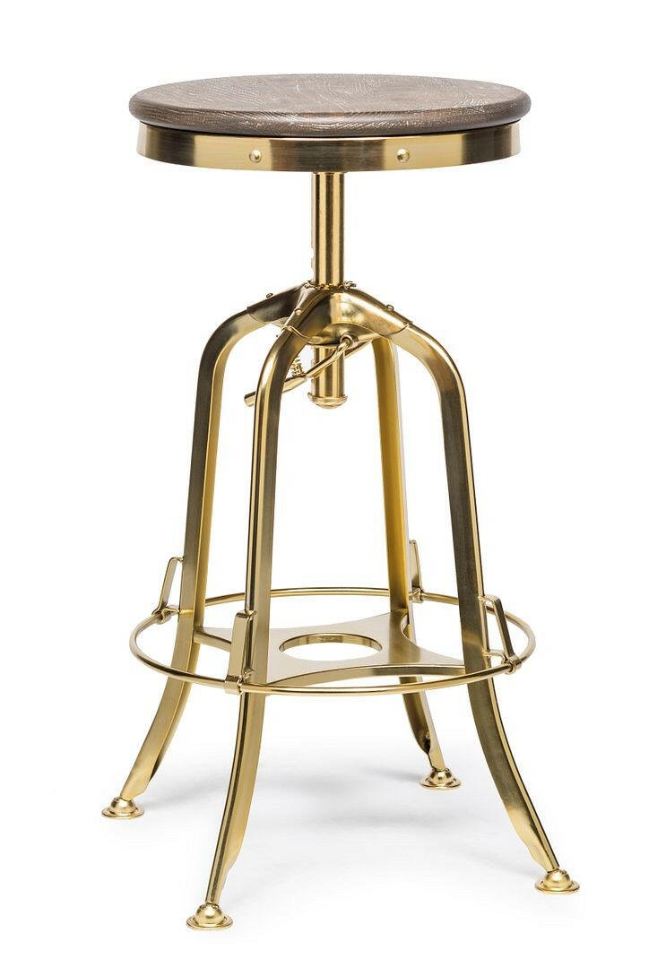 Taj Adjustable Swivel Bar Stool – Gold Base & Oak Wood - Barstool Express