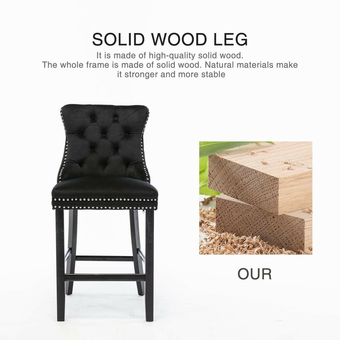 Ulma Velvet Stud Timber Frame Bar Stools 69cm Black (Set of 2) - Barstool Express