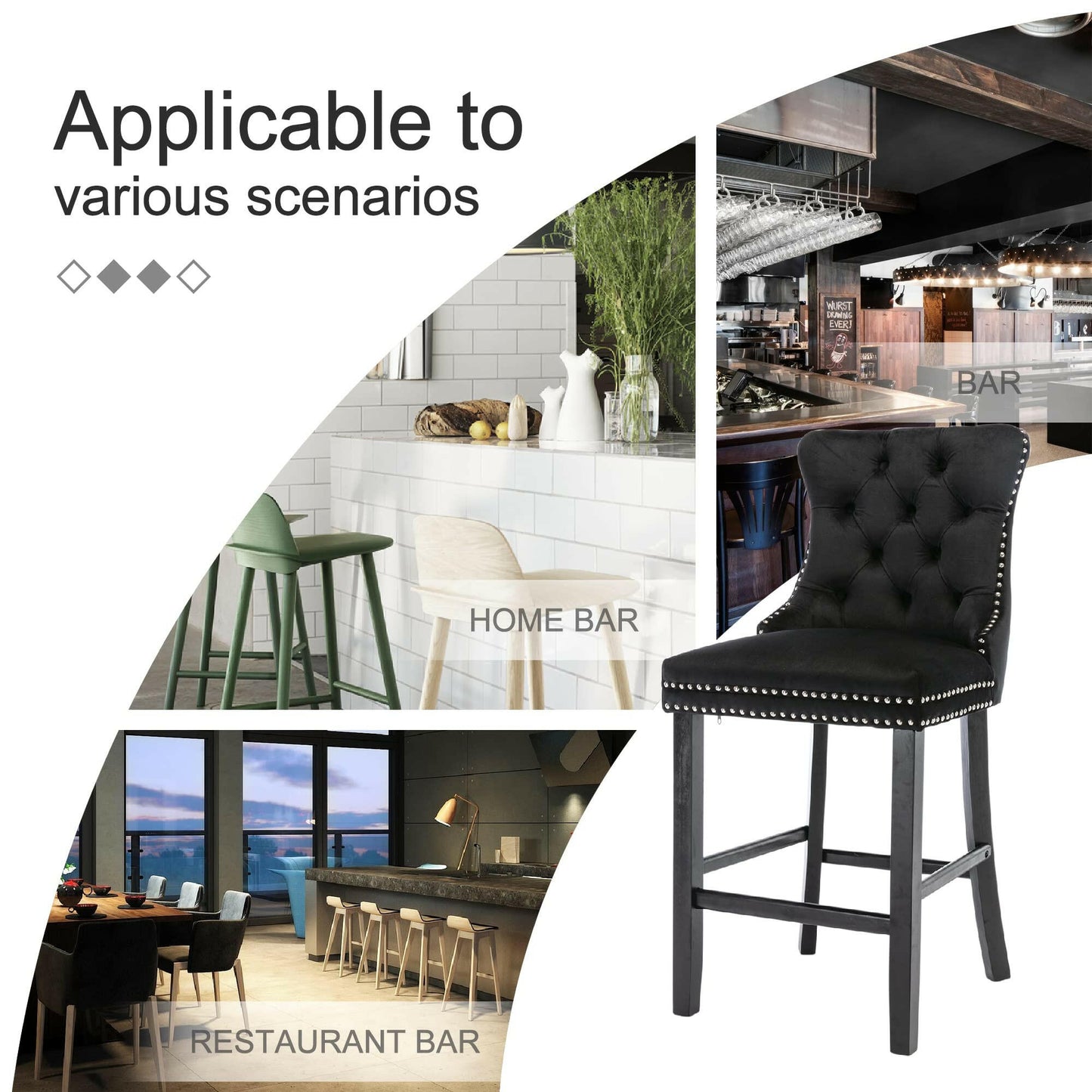 Ulma Velvet Stud Timber Frame Bar Stools 69cm Black (Set of 2) - Barstool Express
