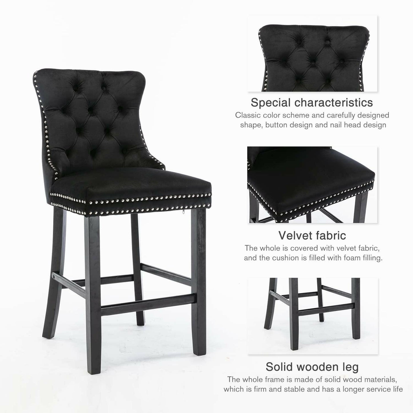 Ulma Velvet Stud Timber Frame Bar Stools 69cm Black (Set of 2) - Barstool Express
