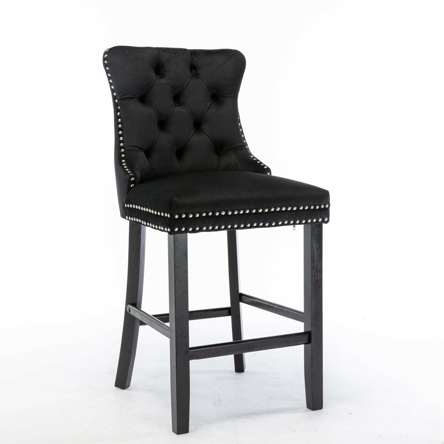 Ulma Velvet Stud Timber Frame Bar Stools 69cm Black (Set of 2) - Barstool Express