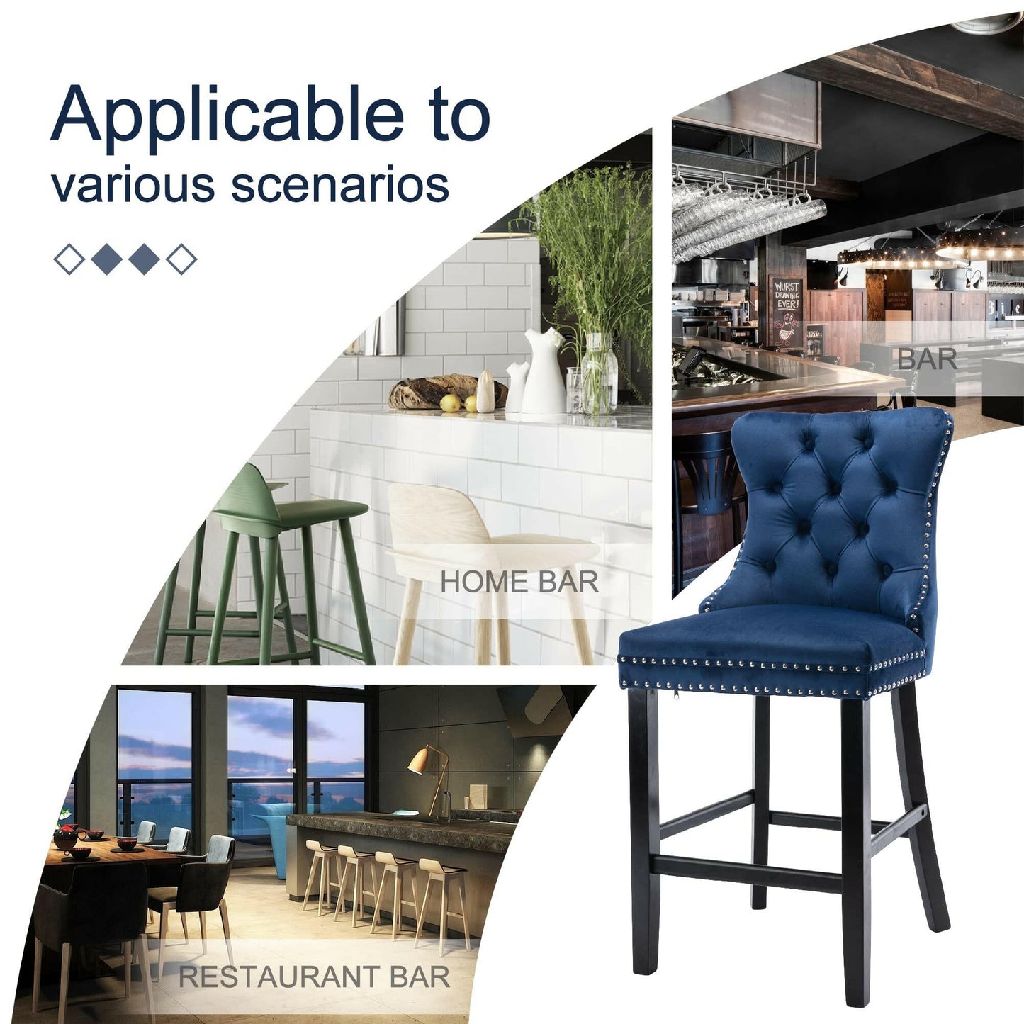 Ulma Velvet Stud Timber Frame Bar Stools 69cm Blue (Set of 2) - Barstool Express