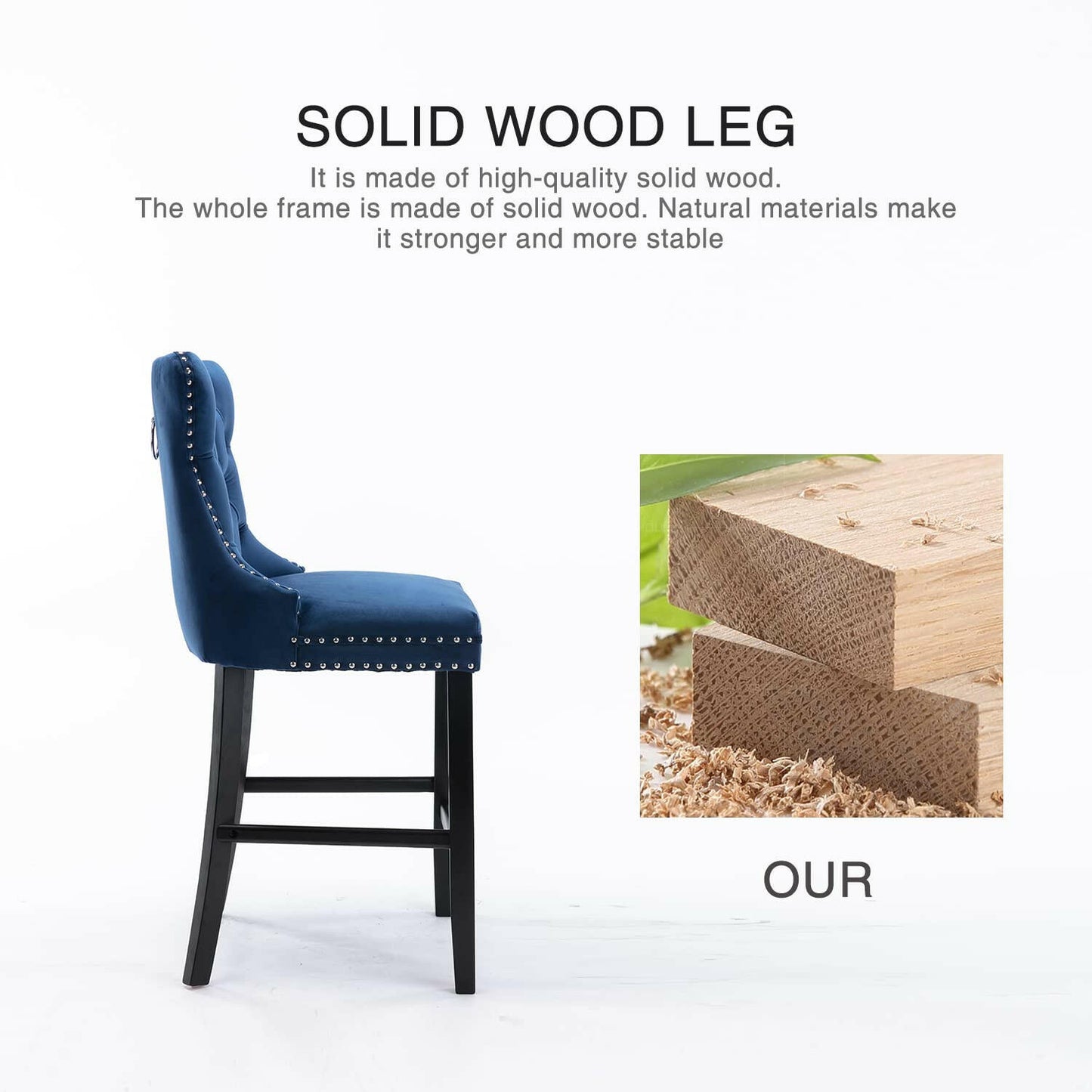 Ulma Velvet Stud Timber Frame Bar Stools 69cm Blue (Set of 2) - Barstool Express