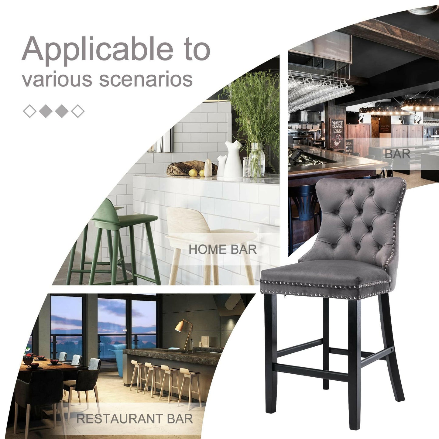 Ulma Velvet Stud Timber Frame Bar Stools 69cm Grey (Set of 2) - Barstool Express