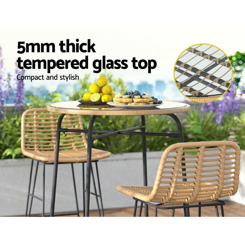 Wicker Bistro Bar Glass Table 100cm Natural - Barstool Express