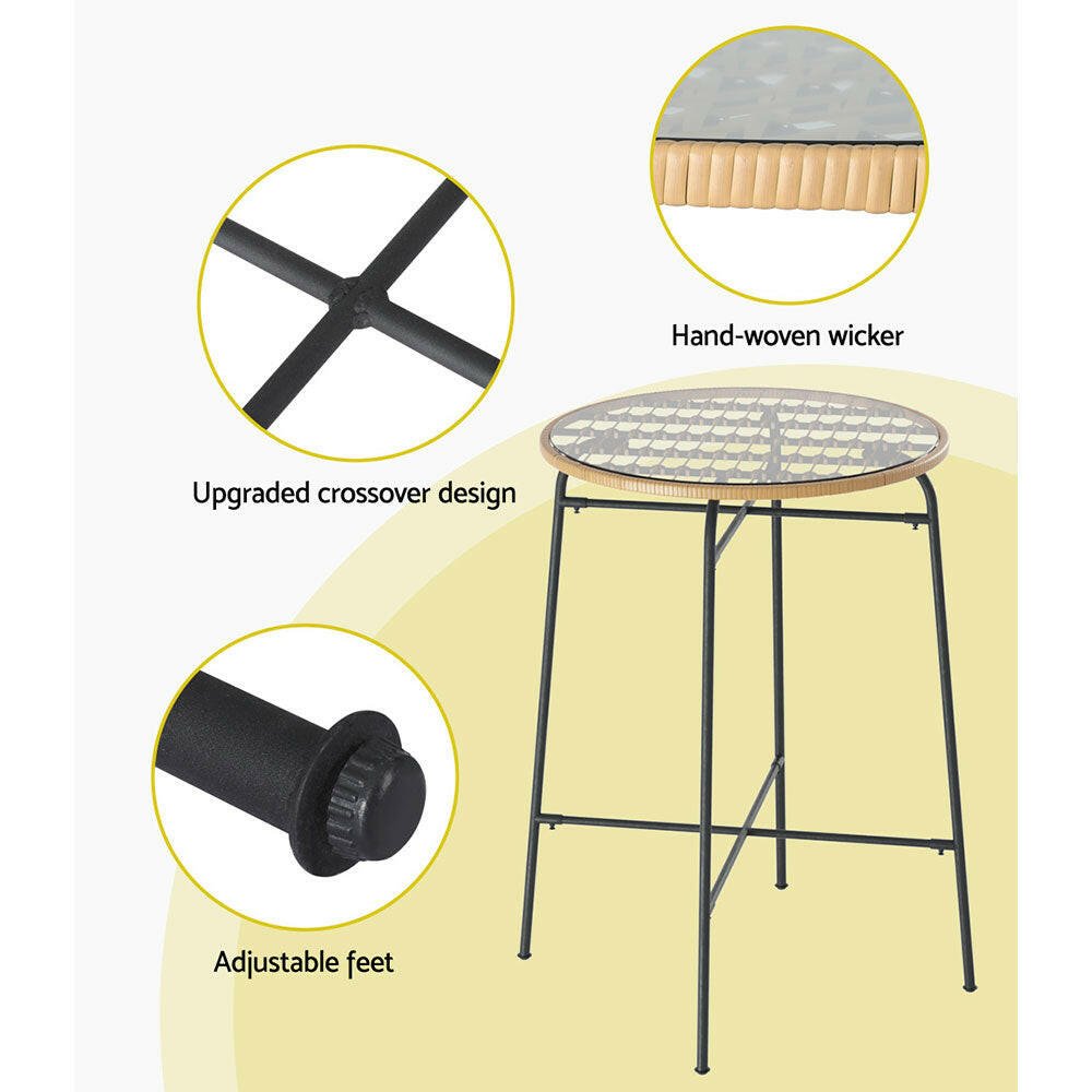 Wicker Bistro Bar Glass Table 100cm Natural - Barstool Express