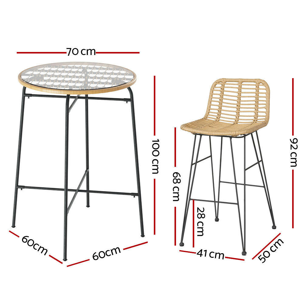 Wicker Bistro Dining Bar Set Natural (3 Piece) - Barstool Express