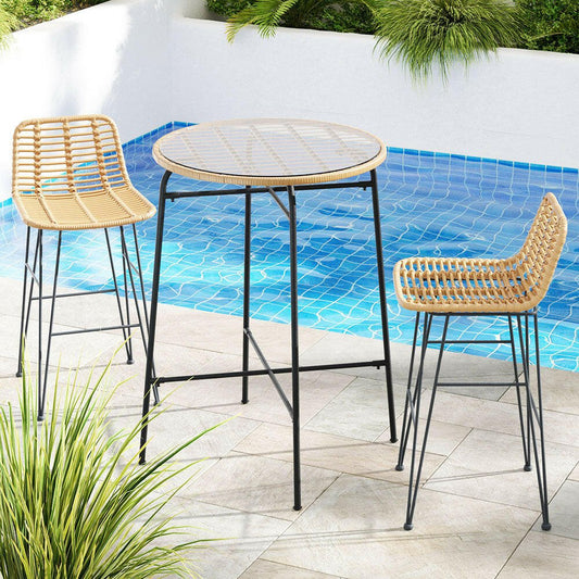 Wicker Bistro Dining Bar Set Natural (3 Piece) - Barstool Express