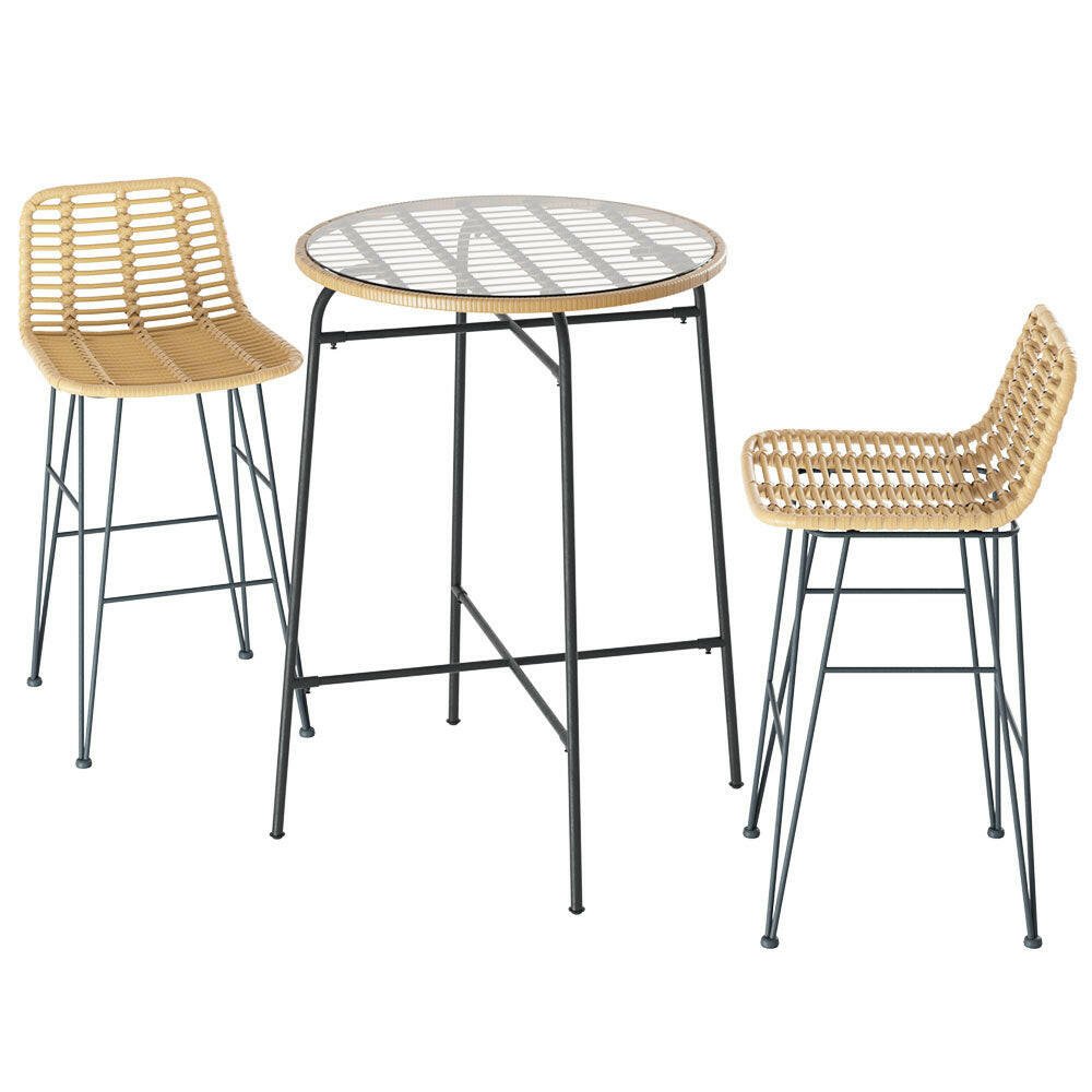 Wicker Bistro Dining Bar Set Natural (3 Piece) - Barstool Express