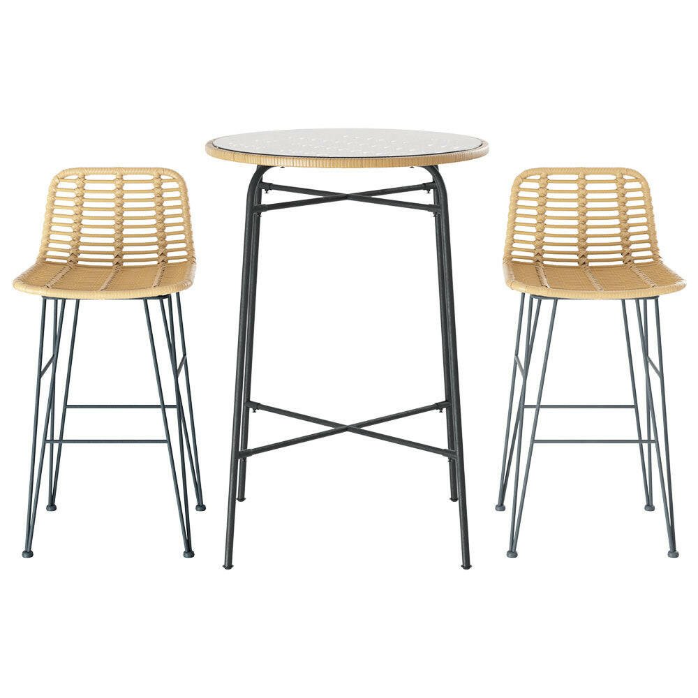 Wicker Bistro Dining Bar Set Natural (3 Piece) - Barstool Express