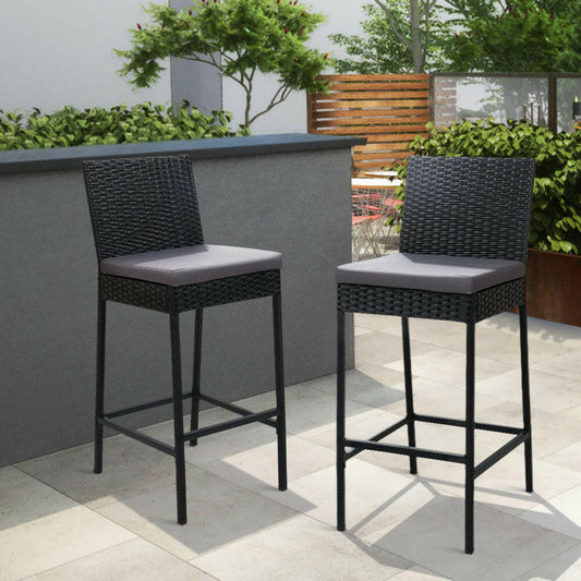 Wicker Outdoor Bar Stools with Grey Cushions 75.5cm Black (Set of 2) - Barstool Express