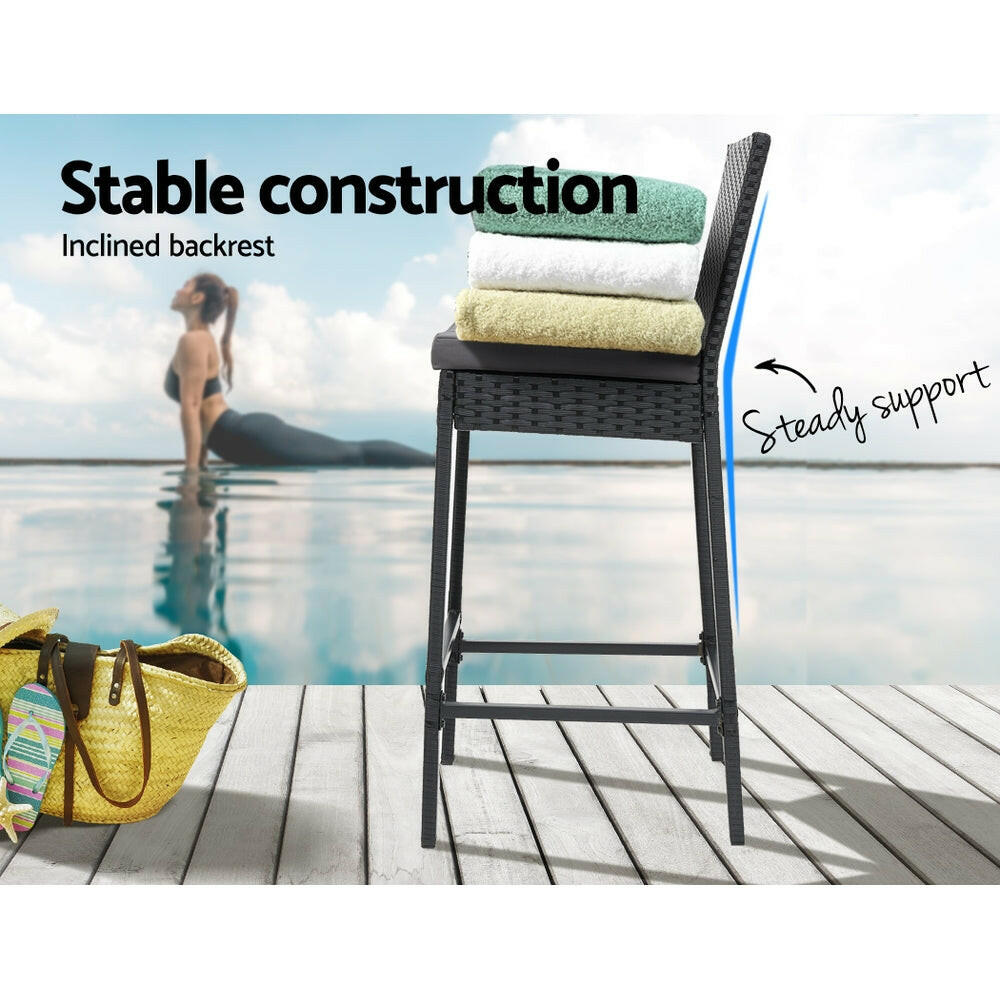 Wicker Outdoor Bar Stools with Grey Cushions 75.5cm Black (Set of 2) - Barstool Express