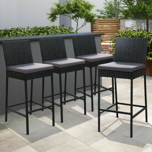 Wicker Outdoor Bar Stools with Grey Cushions 75.5cm Black (Set of 4) - Barstool Express