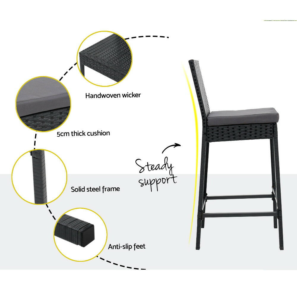 Wicker Outdoor Bistro Dining Bar Set – Black with Grey Cushions (3 Piece) - Barstool Express