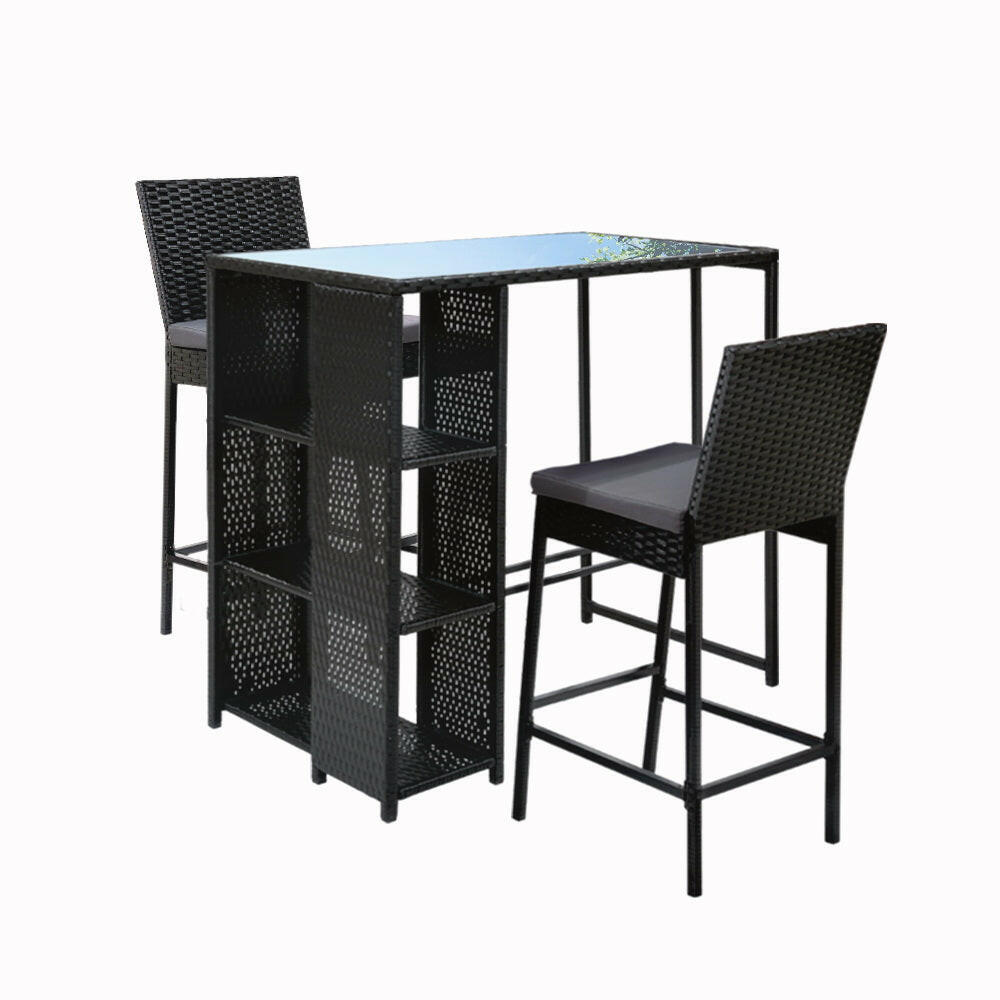 Wicker Outdoor Bistro Dining Bar Set – Black with Grey Cushions (3 Piece) - Barstool Express
