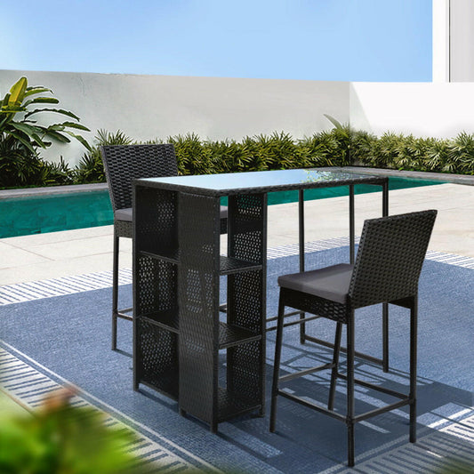 Wicker Outdoor Bistro Dining Bar Set – Black with Grey Cushions (3 Piece) - Barstool Express