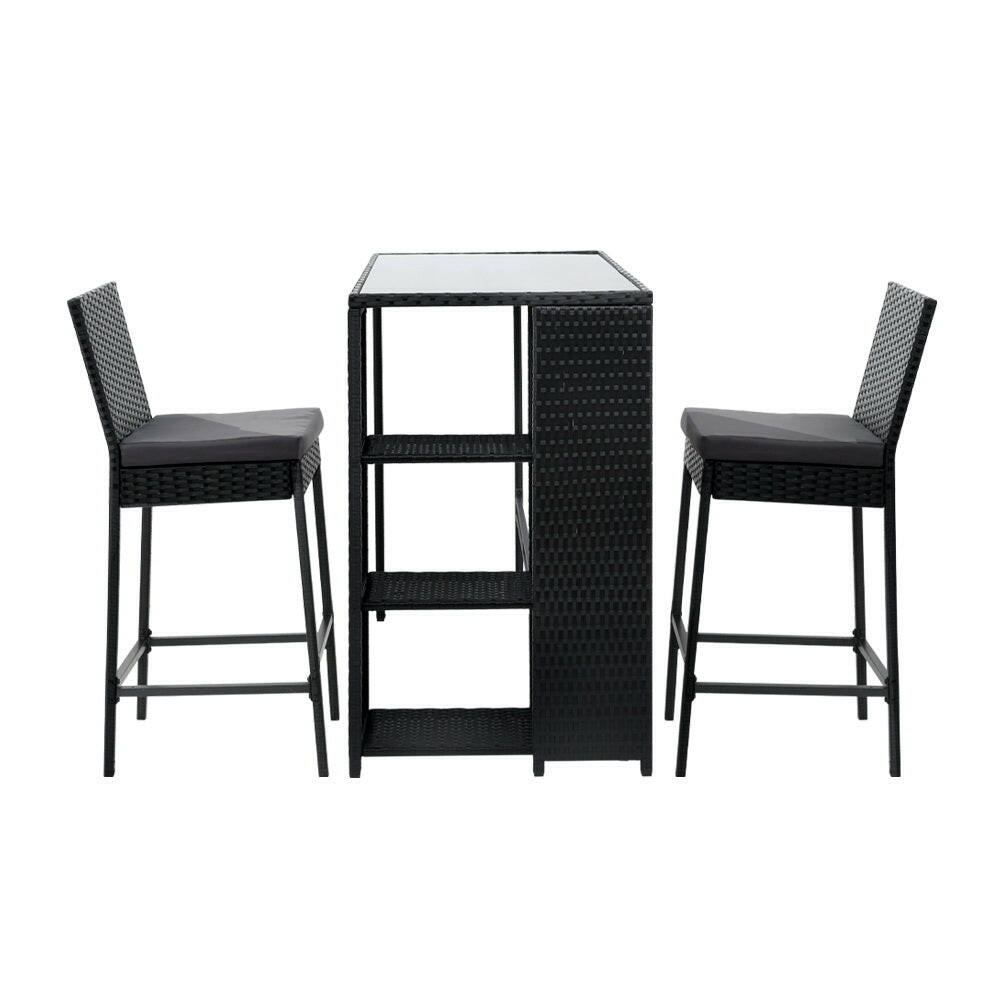 Wicker Outdoor Bistro Dining Bar Set – Black with Grey Cushions (3 Piece) - Barstool Express