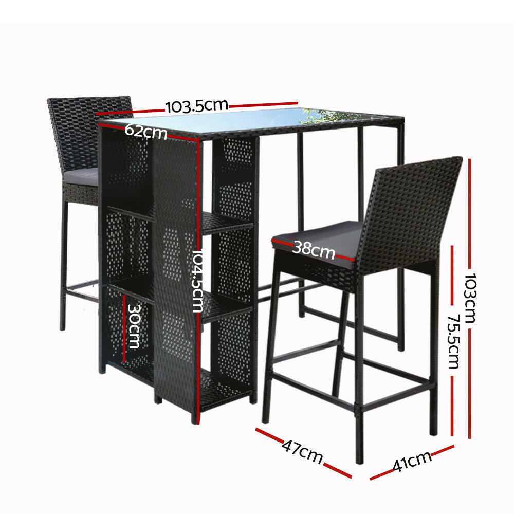 Wicker Outdoor Bistro Dining Bar Set – Black with Grey Cushions (3 Piece) - Barstool Express