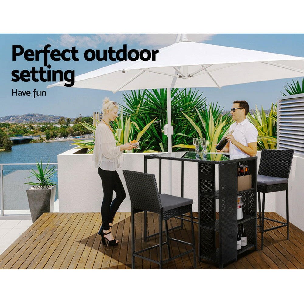 Wicker Outdoor Bistro Dining Bar Set – Black with Grey Cushions (3 Piece) - Barstool Express