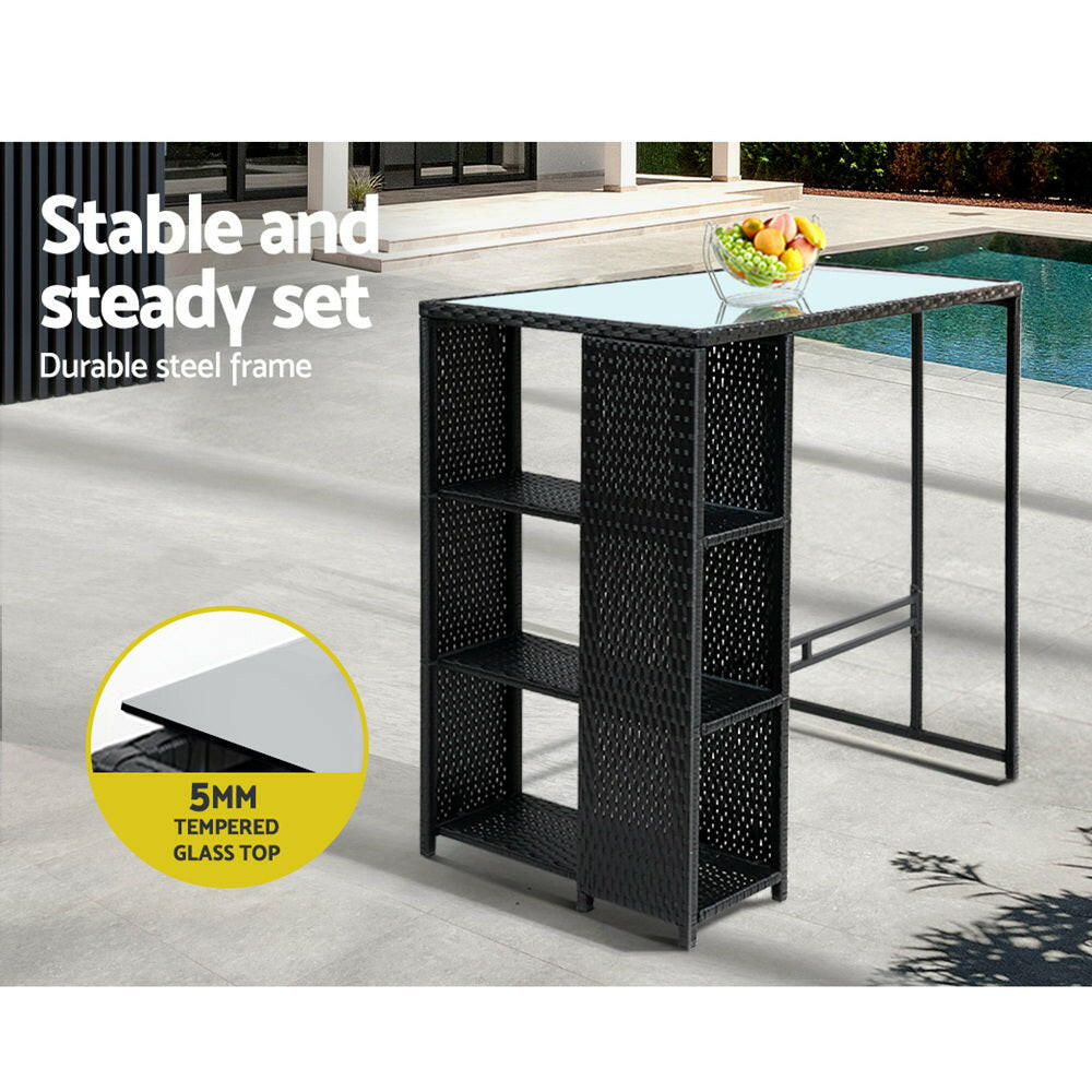 Wicker Outdoor Bistro Dining Bar Set – Black with Grey Cushions (3 Piece) - Barstool Express