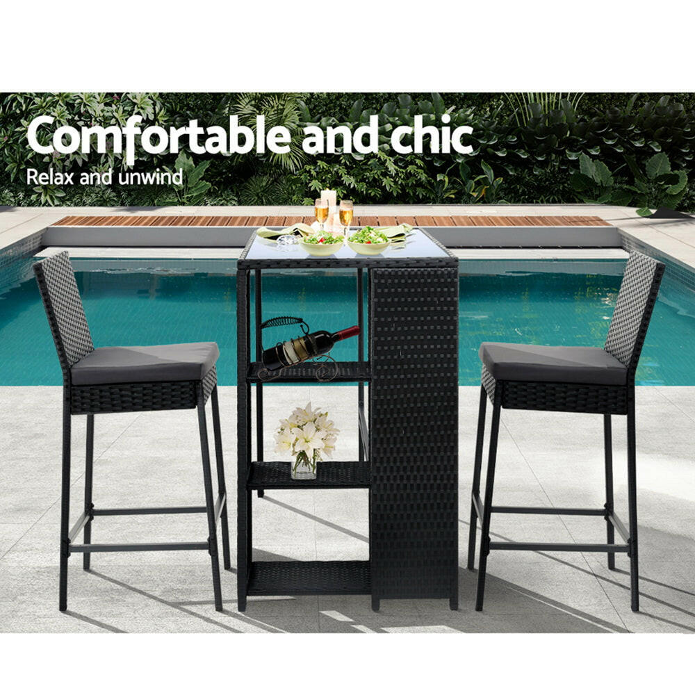 Wicker Outdoor Bistro Dining Bar Set – Black with Grey Cushions (3 Piece) - Barstool Express