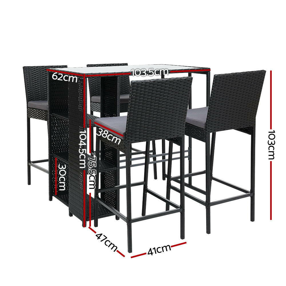 Wicker Outdoor Bistro Dining Bar Set – Black with Grey Cushions (5 Piece) - Barstool Express