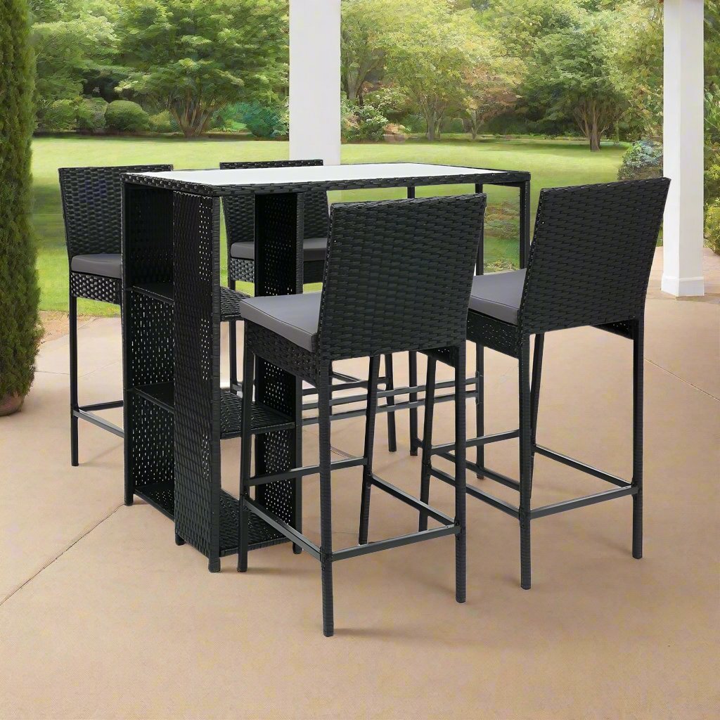 Wicker Outdoor Bistro Dining Bar Set – Black with Grey Cushions (5 Piece) - Barstool Express