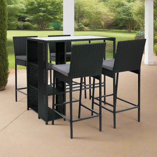 Wicker Outdoor Bistro Dining Bar Set – Black with Grey Cushions (5 Piece) - Barstool Express