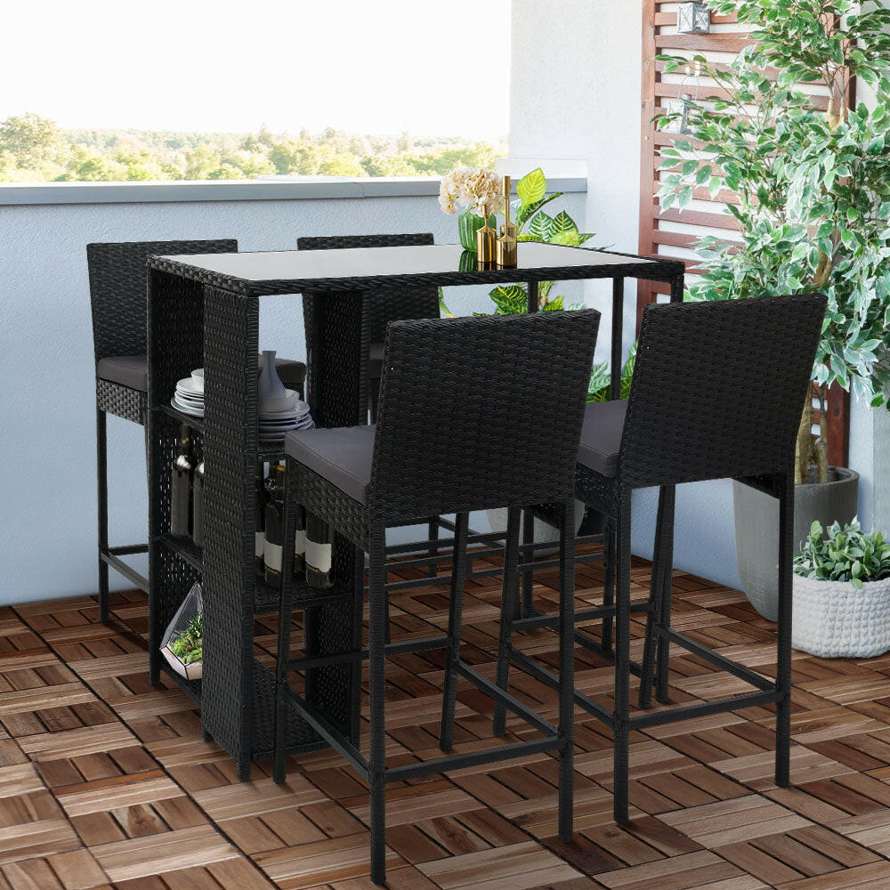 Wicker Outdoor Bistro Dining Bar Set – Black with Grey Cushions (5 Piece) - Barstool Express