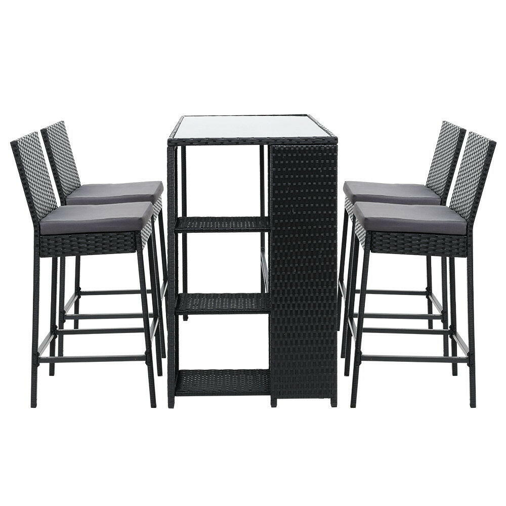 Wicker Outdoor Bistro Dining Bar Set – Black with Grey Cushions (5 Piece) - Barstool Express