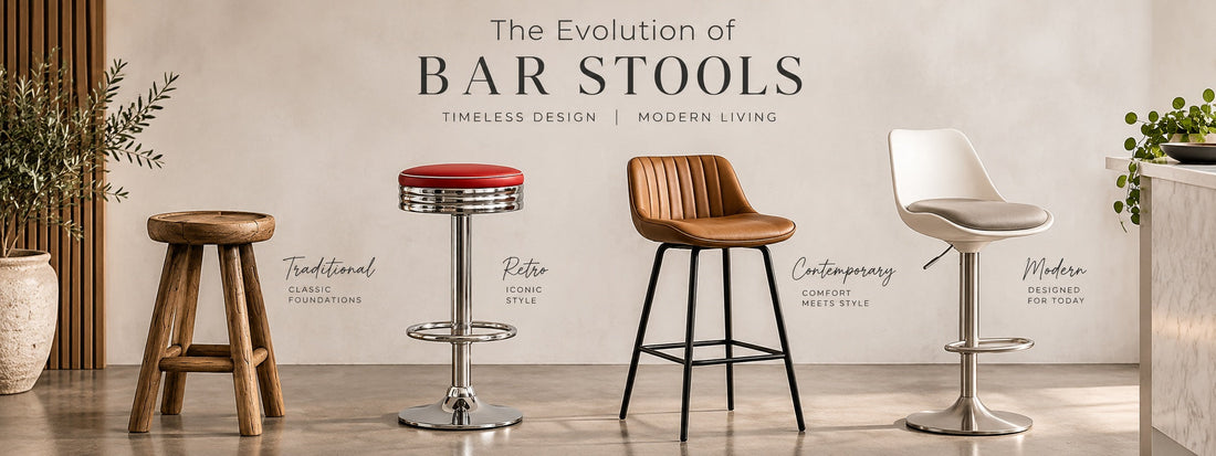Evolution of bar stool design showing traditional, retro, contemporary and modern bar stool styles
