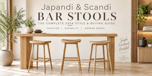 Japandi and Scandi kitchen with three natural timber bar stools at a light timber island.