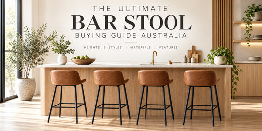 Modern Australian kitchen island with four tan leather bar stools, featred in the Ultimate Bar Stool Buying Guide Australia