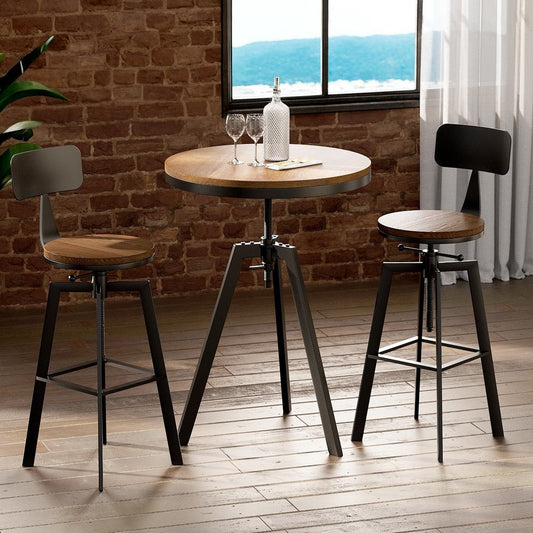Industrial bar stools with timber seats and black metal frames in an industrial-style dining space